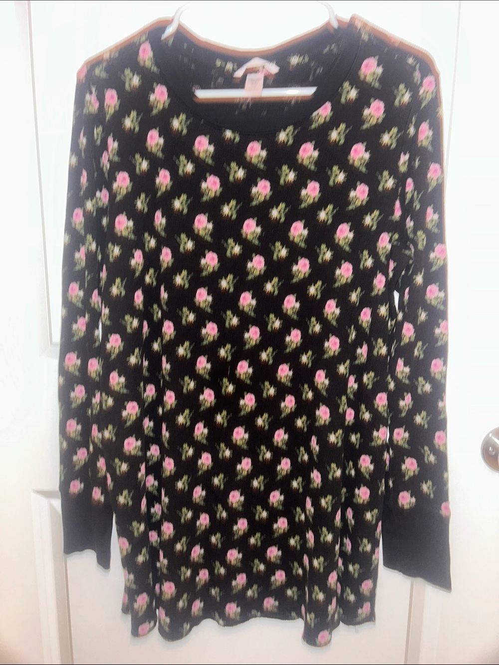Victoria's Secret Black Floral Crewneck Top with Pink Roses